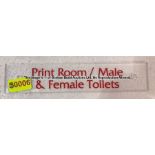 Clear acrylic PRINT ROOM / MALE & FEMALE TOILETS door sign from the Captains Corridor at Liverpool