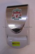 Hand sanitiser dispenser with LFC crest from the first floor landing at Liverpool Football Club's