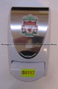 Hand sanitiser dispenser with LFC crest from the first-team Boot Up Area at Liverpool Football