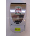 Hand sanitiser dispenser with LFC crest from the first-team Boot Up Area at Liverpool Football