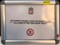 NO MOBILE PHONES signage from the Treatment Room at Liverpool Football Club's Melwood Training