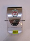 Hand sanitiser dispenser with LFC crest from the Main Reception at Liverpool Football Club's Melwood