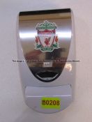 Hand sanitiser dispenser with LFC crest from the Players and Staff Canteen at Liverpool Football