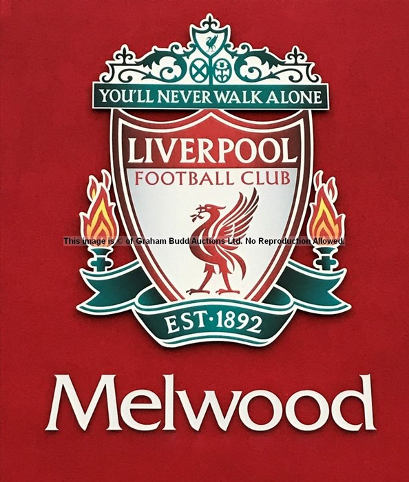 Very large LFC crest and MELWOOD lettering from exterior red wall of main building of Liverpool