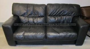Black leather upholstered two-seater sofa from the First Team Changing Room at Liverpool Football