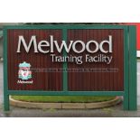 MELWOOD TRAINING FACILITY original main entrance sign located inside the perimeter gate at Liverpool