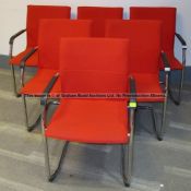 Six matching red upholstered audience chairs from the Press Conference Room at Liverpool Football