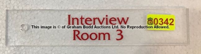 Clear acrylic INTERVIEW ROOM 3 door sign from Liverpool Football Club's Melwood Training Ground,