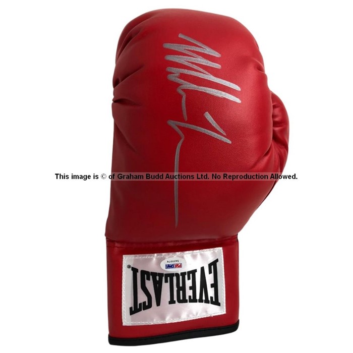 Mike Tyson signed red leather Everlast left-hand boxing glove, red leather glove with black
