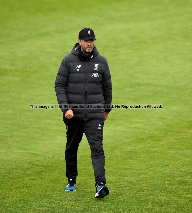 Liverpool manager Jurgen Klopp-worn dark grey stadium puffer jacket from the 2019-20 Premier