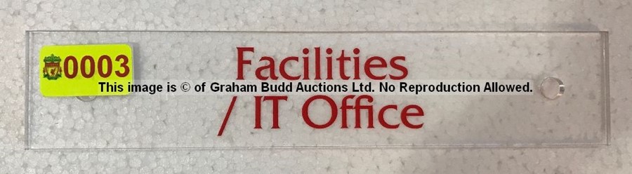 Clear acrylic FACILITIES / IT OFFICE door sign from the Captains' Corridor at Liverpool Football