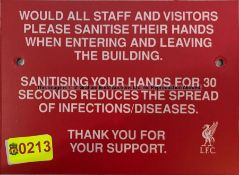 SANITISE HANDS external signage from Changing Room 'B' at Liverpool Football Club's Melwood Training