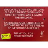 SANITISE HANDS external signage from Changing Room 'B' at Liverpool Football Club's Melwood Training