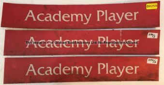 Three identical Academy Player reserved parking space plates from the Car Park at Liverpool Football