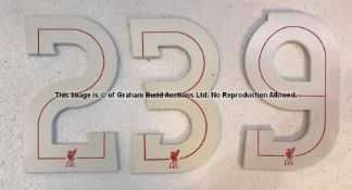 Three large LFC locker door numbers from Liverpool Football Club's Melwood Training Ground,