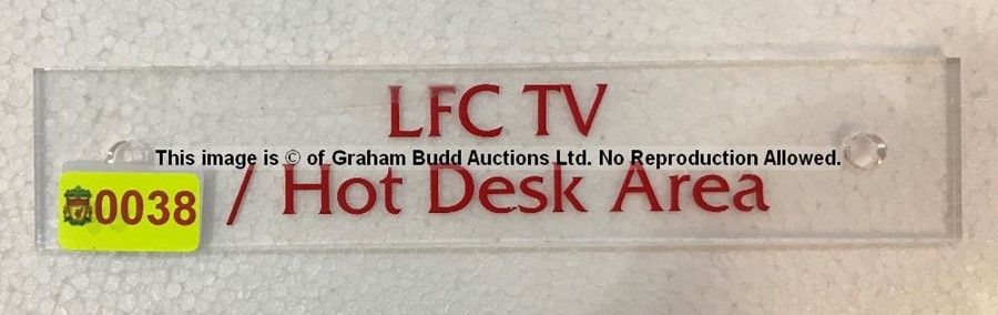 Clear acrylic LFC TV / HOT DESK AREA entrance door sign from the Main Reception Area at Liverpool