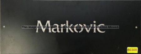 Lazar Markovic's black painted aluminium locker door name plate from Liverpool Football Club's