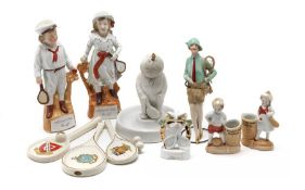 Collection of china and pottery Lawn Tennis themed fairings, tennis racquets and figures, late