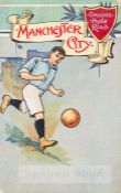 Rare Manchester City colour illustrated postcard, circa 1905, featuring a footballer dribbling the