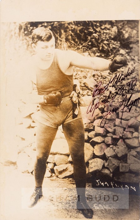 Former Heavyweight Contender Jim Flynn signed b & w photographic postcard, dated 1906, depicting Jim - Image 4 of 4