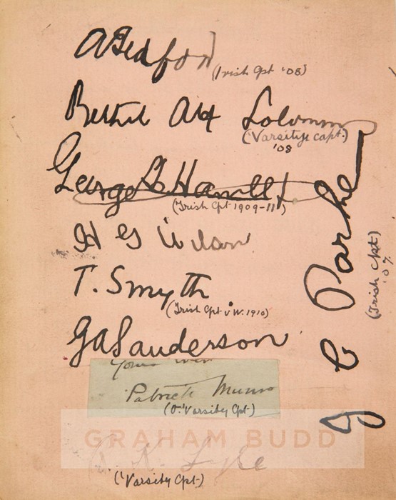 Rugby album page signed by various varsity and Irish captain from 1902 to 1909, signed in black