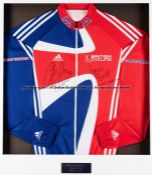 Sir Chris Hoy and Jamie Butt double-signed Great Britain cycling team tracksuit top, mounted with
