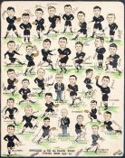 Team signed Ernie Lose 1953-54 New Zealand All Blacks touring team caricatures, circa 1954,