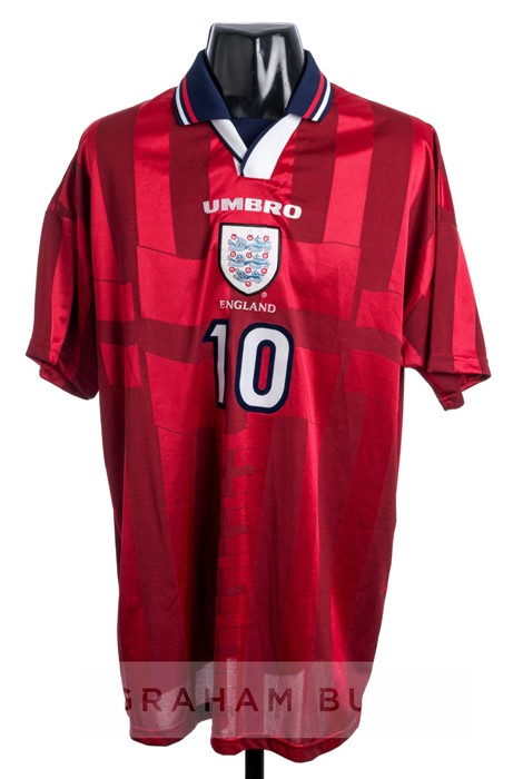 Teddy Sheringham red England No.10 away jersey, circa 1998, short sleeved with England three lion