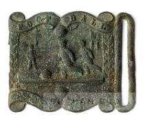 An unusual Victorian football sash buckle, metal buckle embossed with three football players