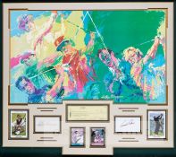 Four Grand Slam golfers autographed framed presentation, mounted with First Day Covers signed by