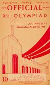 1932 Los Angeles Olympic Games Gymnastics, Rowing & Swimming 10th August programme, three fold