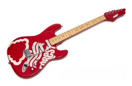 Copy of a Fender Stratocaster electric guitar, finished in the colours of Nottingham Forest FC