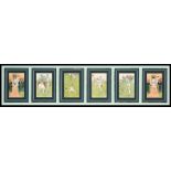 Framed display of a set of six humorous cricket postcards by Tom Browne, Edwardian