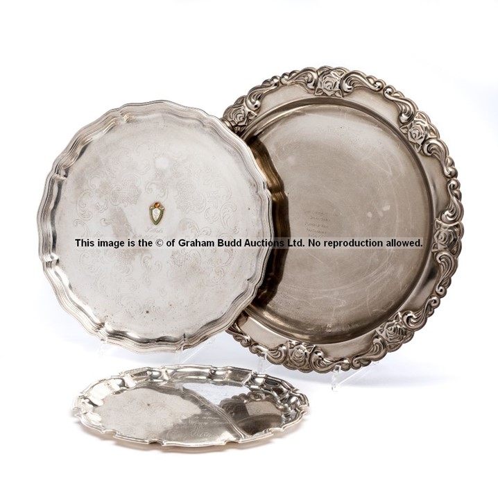 Three salvers presented to Ray Clemence during his career, circa 1980s onwards, comprising Epns
