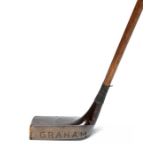 Gibson of Kinghorn Gassiat-style wooden headed putter, brass sole plate, hickory shaft