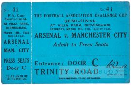 Rare 1932 F.A. Challenge Cup Semi-Final match ticket, Arsenal v Manchester City at Villa Park,