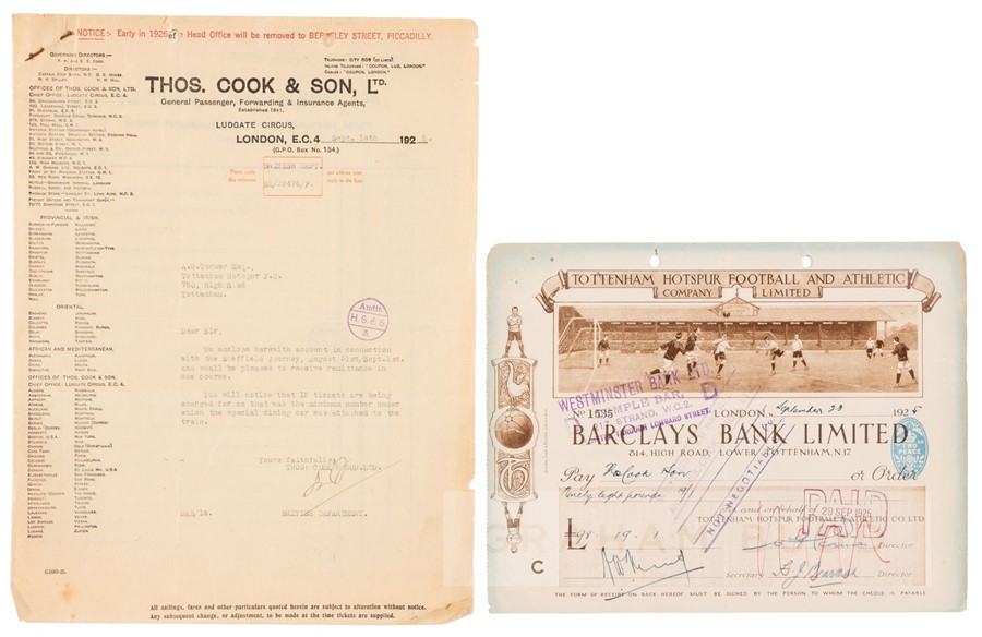 Tottenham Hotspur cheque dated 28th September 1925 for £98.19.1 to Thomas Cook Ltd, sold with two