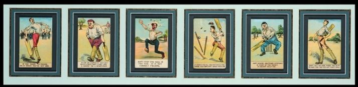 Framed display of a set of six humorous cricket postcards by Tom Browne, Edwardian