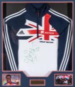 Christine Ohuruogu signed Great Britain athletics team tracksuit top, Aviva sponsorship, mounted