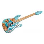 Copy of a Fender Stratocaster electric guitar, finished in the colours of Manchester City FC with