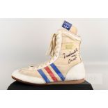 Muhammad Ali signed Adidas boxing boot, white left-footed boot with three Adidas stripes in blue &