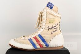 Muhammad Ali signed Adidas boxing boot, white left-footed boot with three Adidas stripes in blue &