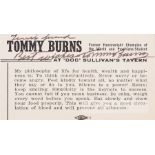 Former Heavyweight World Champion Tommy Burns signed business card, signed in black ink, 5 by