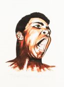 Paul Trevillion (British, b.1934), MUHAMMAD ALI, print, depicting Muhammad Ali with mouth open,