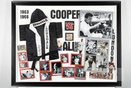 Large and impressive Muhammad Ali v Henry Cooper double-signed framed memorabilia montage, the