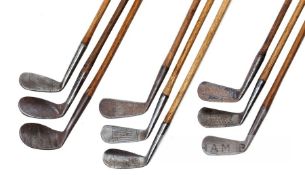 A group of nine marked-face golf clubs, i) a ‘DRIVEg IRON’ [sic] ‘M. Mitchell St Andrews Special’,