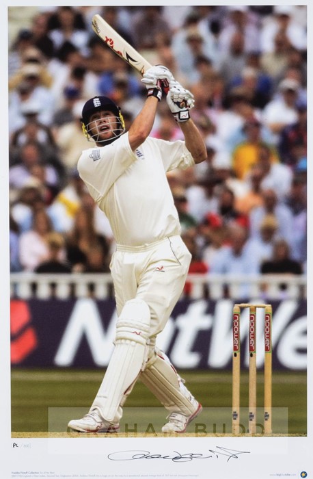 Freddie Flintoff signed colour photographic print from the 2004 Second Test at Edgbaston against the