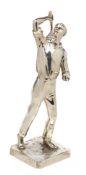 Kayzerzinn silvered lady Lawn Tennis player, early 20th century, modelled standing with a racquet