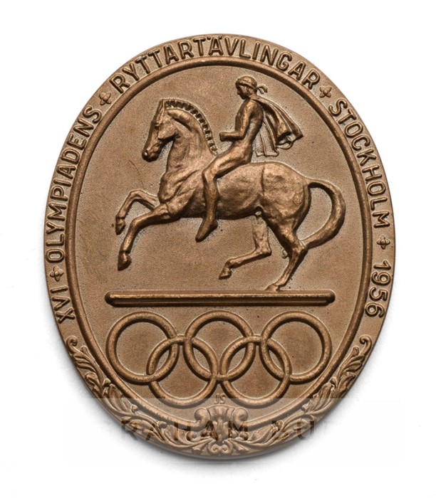 1956 Stockholm Olympic Games Equestrian bronze participation medal, designed by J. Sjosvard, of oval
