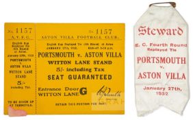 1932 English FA Cup replay Fourth Round tie match ticket and steward's badge from Aston Villa v